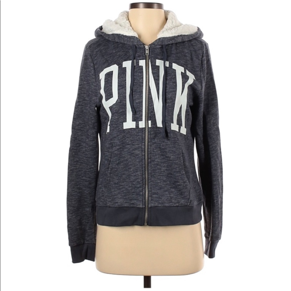 Victoria Secret Pink Zip up hoodie size small with sherpa inside. Gray color